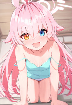 1girl :d ahoge akasaki_koyo all_fours alternate_costume aqua_camisole armpit_crease bare_arms bare_shoulders blue_archive blue_eyes blurry blush breasts breasts_apart camisole collarbone commentary depth_of_field dot_nose eyes_visible_through_hair fang full_body hair_between_eyes hair_intakes halo happy heterochromia highres hoshino_(blue_archive) huge_ahoge indoors loli long_hair looking_at_viewer on_floor open_mouth panties pink_hair pink_halo pov small_breasts smile solo straight-on strap_slip tatami thighs underwear very_long_hair white_panties wooden_ceiling yellow_eyes