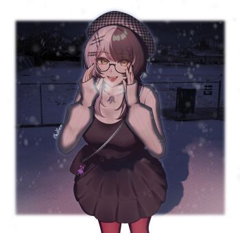 1girl absurdres alternate_costume bag belt beret black-framed_eyewear black_belt black_dress black_hair black_nails border breasts breath commentary dress english_commentary fang feet_out_of_frame glasses grey_hair grey_sweater hair_ornament hairclip hands_up hat hazel_(hzlform) highres hololive hololive_english jewelry large_breasts light_blush long_hair long_sleeves looking_at_viewer multicolored_hair nail_polish necklace night novelites_(shiori_novella) open_mouth outdoors outside_border pantyhose park pearl_necklace pendant puffy_long_sleeves puffy_sleeves red_pantyhose ribbed_sweater semi-rimless_eyewear shiori_novella shoulder_bag sleeveless sleeveless_dress smile snow snowing solo split-color_hair standing sweater twitter_username two-tone_hair under-rim_eyewear virtual_youtuber white_border yellow_eyes