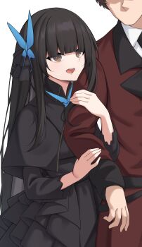 Rule 34 | 1boy, 1girl, adachi t (xadachit), arm hug, black dress, black hair, blunt bangs, brown eyes, butterfly hair ornament, coat, commander (girls' frontline), dress, girls' frontline, griffin &amp; kryuger military uniform, hair ornament, highres, long hair, lunasia (girls' frontline), open mouth, red coat, smile, very long hair