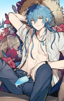 1boy absurdres arm_behind_head arm_up blue_hair collarbone commentary denim dramatical_murder english_commentary flower food hair_between_eyes hat highres holding holding_food holding_popsicle jeans jewelry kekdkdk long_hair looking_at_viewer male_focus misleading_thumbnail necklace open_clothes open_shirt pants pectorals popsicle seragaki_aoba shirt short_sleeves sitting smile solo spread_legs straw_hat watch white_shirt wristwatch yellow_eyes