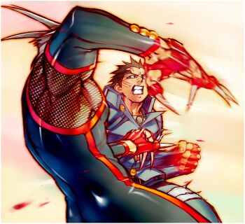 Rule 34 | 2boys, black bodysuit, black hair, blonde hair, blood, blood drop, bodysuit, claws, clenched hand, clenched teeth, detached sleeves, duel, edaki shin'ya, fingerless gloves, from behind, from below, gakuran, game cg, gloves, high collar, highres, ichimonji batsu, justice gakuen, kirishima kurow, looking at another, male focus, mesh, moero! justice gakuen, multiple boys, muscular, muscular male, non-web source, official art, red gloves, scar, scar on face, scar on forehead, school uniform, short hair, sleeveless, teeth