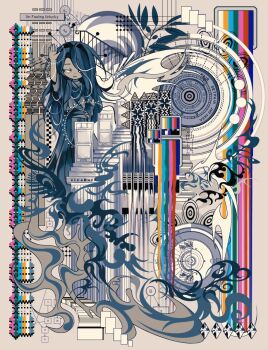 1girl closed_mouth colored_skin dot_nose dress english_text glitch google grey_skin hand_on_own_hip hand_up leaf long_hair looking_at_viewer monitor original psychedelic rainbow sira0xff smile solo test_card very_long_hair watermark white_eyes wide_sleeves window_(computing)