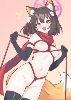 Rule 34 | 1girl, ^^^, absurdres, animal ear fluff, animal ears, bdsm, black gloves, black thighhighs, blue archive, blush, bondage, bound, breasts, brown hair, commentary request, cowboy shot, elbow gloves, eyeshadow, fox ears, fox girl, fox hair ornament, fox tail, gloves, gradient background, hair between eyes, hair ornament, halo, highres, izuna (blue archive), large breasts, looking at viewer, makeup, mo mo mo79, navel, nipples, nude, open mouth, pink halo, red eyeshadow, red rope, red scarf, rope, scarf, shibari, short hair, smile, solo, tail, thighhighs, yellow eyes