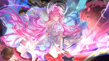 1girl absurdres cyrene_(aedes_elysiae)_(honkai:_star_rail) cyrene_(honkai:_star_rail) cyrene_(ripples_of_past_reverie)_(honkai:_star_rail) diamond-shaped_pupils diamond_(shape) dress flower hair_flower hair_ornament highres honkai:_star_rail honkai_(series) long_hair pink_hair pointy_ears purple_eyes purple_flower purple_rose rose solo symbol-shaped_pupils very_long_hair weishiji white_dress