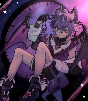 1boy ahoge analogous_colors arm_up backlighting bare_legs black_gloves black_shorts boots bright_pupils closed_mouth crossed_bangs detached_sleeves feet_out_of_frame floating fold-over_boots genshin_impact gloves gradient_background hand_on_lap highres holding lapels looking_at_object male_focus midair mini_durin_(genshin_impact) durin_(genshin_impact) pink_eyes purple_hair purple_vest scarawhoche short_hair shorts sidelocks solo star_(symbol) vest white_pupils white_sleeves wings