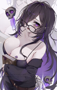 1girl absurdres bags_under_eyes bare_shoulders black_arm_warmers black_dress black_hair book breasts cleavage commentary_request dress glasses goddess_of_victory:_nikke highres holding holding_book huge_breasts label_(nikke) long_hair looking_at_viewer messy_hair multicolored_hair mushroom open_mouth purple_eyes purple_hair skull solo tokujou_mino two-tone_hair very_long_hair zoom_layer