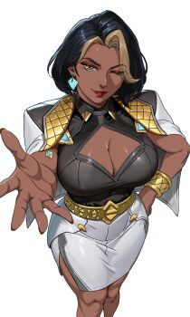 1girl belt black_hair black_shirt blonde_hair breasts brown_eyes cleavage cleavage_cutout closed_mouth clothing_cutout crystal_earrings curvy dark-skinned_female dark_skin desi domina_(overwatch) earrings eyeshadow from_above gold_bracer gt_(inesperados2013) hand_on_own_hip highres jacket jacket_on_shoulders jewelry large_breasts looking_at_viewer makeup multicolored_hair narrow_waist one_eye_closed outstretched_hand overwatch pencil_skirt red_eyeshadow red_lips shirt short_hair simple_background skirt smile solo streaked_hair white_background white_jacket white_skirt wide_hips