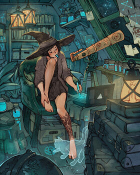 1girl artist_logo barefoot black_dress black_hat book book_stack candle cardigan cat chair closed_eyes commentary computer constellation dated dress feet feet_on_chair full_body ghost globe glowing_runes grey_cardigan grey_ribbon hanging_lantern hat hat_ribbon highres holding holding_own_foot holding_pen indoors jar knee_up lantern laptop leg_tattoo logo night on_chair original pen pen_cap_in_mouth pentagram plant potted_plant ribbon shelf simz sitting skull sky solo star_(sky) suitcase table tattoo telescope window witch_hat wooden_floor writing