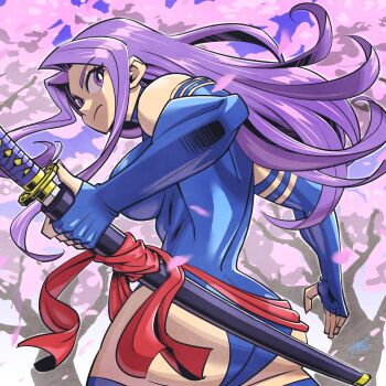 1girl ass blue_leotard breasts cherry_blossoms commentary english_commentary holding holding_sword holding_weapon katana large_breasts leotard long_hair marvel portrait psylocke purple_eyes purple_hair signature skin_tight solo sunafuki_tabito superhero_costume sword weapon x-men