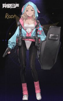 1girl animal_ear_hood animated animated_gif ballistic_shield belt_pouch black_gloves black_pantyhose blonde_hair breasts character_name chinese_commentary choker cleavage copyright_name echoes_of_vision fake_animal_ears fingerless_gloves full_body gloves grin gun handgun handheld_game_console holding holding_gun holding_shield holding_weapon hood hood_up hooded_jacket jacket leotard live2d long_sleeves looking_at_viewer medium_breasts medium_hair multicolored_jacket official_art pantyhose partially_unzipped pink_choker pink_eyes pouch quuni rose_(echoes_of_vision) second-party_source shield smile solo spaghetti_strap two-sided_fabric two-sided_jacket two-tone_jacket weapon white_leotard