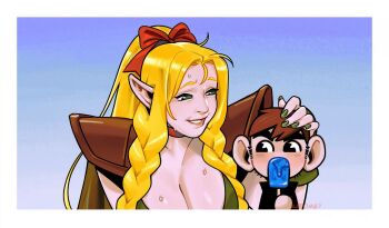 1boy 1girl aatom87 alternate_breast_size_(larger) artist_name black_eyes bow braid breasts brown_hair chibi chilchuck_tims cleavage commentary dungeon_meshi english_commentary food hair_bow holding holding_food holding_popsicle large_breasts marcille_donato ponytail popsicle raised_eyebrows red_bow shoulder_pads sideburns smile sweat twin_braids