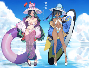 2girls bare_shoulders bikini black_hair blue_bikini blue_hair blue_jacket blue_sky breasts cleavage cloud collarbone dark-skinned_female dark_skin dishwasher1910 elephant fate/grand_order fate_(series) full_body green_eyes green_hair hair_between_eyes high_heels highleg highleg_bikini highres ichimegasa innertube jacket large_breasts lifebuoy long_hair long_sleeves looking_at_viewer multicolored_hair multiple_girls navel off_shoulder open_clothes open_jacket pink_bikini pink_jacket purple_footwear ripples sarong siblings sidelocks sisters sky streaked_hair surfboard swept_bangs swim_ring swimsuit translation_request trung_nhi_(fate) trung_trac_(fate) water wavy_hair white_footwear yellow_eyes