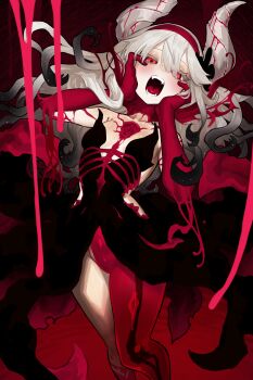 1girl absurdres bleeding blood bone breasts colored_skin commentary_request commission dress ekrea_jan fangs floating_hair gradient_hair grey_hair hands_on_own_cheeks hands_on_own_face highres horns multicolored_hair multicolored_skin open_mouth original red_eyes red_skin see-through_body skeb_commission small_breasts solo teeth tongue two-tone_skin wavy_hair white_hair