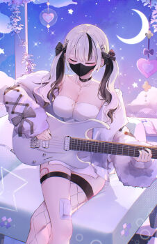 1girl absurdres bandaid bandaid_on_leg bell belt black_belt black_bow black_choker black_collar black_hair black_mask black_thighhighs blonde_hair blush bow breasts checkered_floor choker cleavage closed_eyes collar collarbone commentary covered_mouth crescent_moon cross cross_necklace crossed_legs ear_piercing electric_guitar elphe fingernails fishnet_thighhighs fishnets guitar hair_bow hair_ornament hairclip heart heart_tattoo highres holding holding_plectrum instrument jacket jewelry kurumi_noah kurumi_noah_(7th_costume) large_breasts leg_tattoo long_hair long_sleeves mask moon mouth_mask multicolored_hair music nail_polish neck_bell necklace night open_clothes open_jacket patch piercing pink_jacket playing_guitar playing_instrument plectrum single_thighhigh sitting skirt solo star_(sky) strapless streaked_hair tattoo thigh_strap thighhighs thighs tube_top two-tone_hair virtual_youtuber vspo! white_skirt white_tube_top zipper_pull_tab
