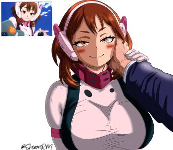 Rule 34 | 1boy, 1girl, absurdres, artsream, bodysuit, boku no hero academia, brown eyes, brown hair, couple, highres, midoriya izuku, multicolored bodysuit, pink bodysuit, smile, superhero costume, uraraka ochako