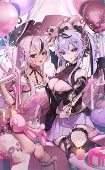 2girls absurdres ahoge armpit_crease asymmetrical_legwear balloon bandaid bare_shoulders belt_buckle belt_collar black_hair black_sleeves black_streaks black_thighhighs black_wings bone bow breasts buckle cake candle candlestand choker cleavage cleavage_cutout closed_mouth clothing_cutout collar commentary crossed_bangs dagger detached_sleeves double-parted_bangs english_commentary fang fingernails fishnet_thighhighs fishnets food garter_straps gift hair_between_eyes hair_bow hair_ornament heart heart_choker heterochromia highres holding holding_dagger holding_knife holding_scythe holding_weapon indie_virtual_youtuber knife large_breasts long_fingernails long_hair looking_at_viewer mirukugatsu mismatched_legwear multicolored_hair multiple_girls nomu_(29_nom) open_mouth pink_bow pink_eyes pink_hair pink_shirt pointy_ears purple_eyes purple_hair purple_skirt scythe second-party_source sharp_fingernails shirt short_sleeves single_fishnet_legwear sitting skirt skull smile socks spiked_thigh_strap sprinkle_hershy sprinkles streaked_hair stuffed_toy thighhighs torn_clothes torn_thighhighs two-tone_hair two-tone_shirt virtual_youtuber weapon white_shirt wings x_hair_ornament