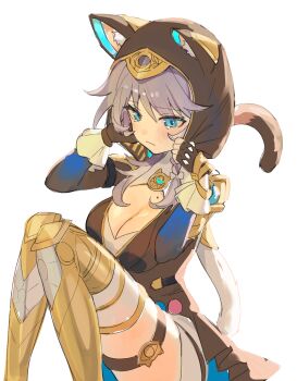 1girl animal_ears blue_hair blush boots bow breasts cat_ears cat_girl cat_tail cipher_(honkai:_star_rail) cleavage fingerless_gloves gloves grey_hair highres honkai:_star_rail honkai_(series) knees_together_feet_apart leotard medium_breasts mole mole_on_breast roena tail tearing_up thigh_boots thigh_strap white_background