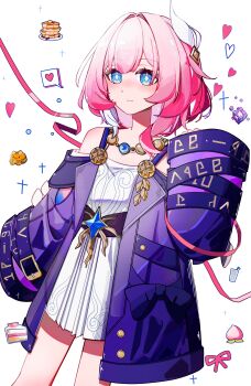 1girl absurdres bare_shoulders blue_eyes breasts chinese_commentary coat commentary_request cyrene_(philia093)_(honkai:_star_rail) cyrene_(honkai:_star_rail) dress food fruit heart highres honkai:_star_rail honkai_(series) jewelry multicolored_hair necklace pancake pancake_stack peach pink_hair purple_coat short_hair simple_background small_breasts solo thighs two-tone_hair white_dress white_hair yun_dong_kumo_xiang_yao_qianjin