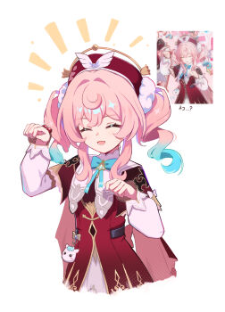 1girl absurdres closed_eyes dress gradient_hair green_hair hair_ornament hat highres honkai:_star_rail honkai_(series) hyacine_(honkai:_star_rail) kuroi_taimu multicolored_hair open_mouth paw_pose pink_hair red_dress red_hat reference_inset short_twintails smile solo twintails