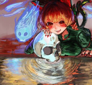 1girl animal_ears blush breasts cat_ears cat_girl cat_tail commentary fingernails fuono_(o_x_o) highres hitodama holding holding_skull kaenbyou_rin long_fingernails multiple_tails open_mouth red_eyes red_hair red_nails skull solo tail touhou two_tails water