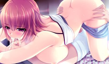 1boy 1girl 69 ane_to_osananajimi_wa_naka_ga_ii! ass ass_grab atelier_kaguya_honky-tonk_pumpkin bed blush breast_press breasts brown_hair butt_crack censored clothes_pull cum cum_in_mouth fellatio game_cg hetero oral pink_eyes short_hair shorts shorts_pull takahashi_mitsuki yoppy