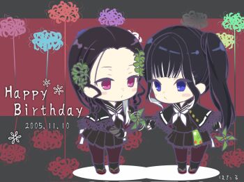 2girls artist_name assault_lily black_capelet black_gloves black_hair black_sailor_collar black_serafuku black_shirt black_skirt blue_eyes blue_flower blush capelet chibi closed_mouth commentary_request dated fingerless_gloves floral_background flower forehead gloves green_flower grey_background grey_flower grey_gloves hair_flower hair_ornament hands_up happy_birthday highres holding holding_pinwheel hotaru_(ultraroly_poly) jika-tabi ki_no_hana kou_no_hana long_hair looking_at_another miniskirt multiple_girls neckerchief orange_flower pantyhose parted_bangs pink_eyes pink_flower pinwheel pleated_skirt purple_pantyhose red_background red_flower sailor_collar school_uniform serafuku shirt side_ponytail skirt spider_lily standing three-quarter_sleeves two-tone_background two-tone_gloves white_neckerchief