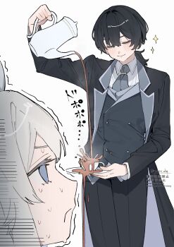 Rule 34 | 1boy, 1girl, black hair, black jacket, black pants, blue eyes, closed eyes, closed mouth, commentary request, cup, faust (project moon), grey necktie, highres, holding, holding plate, holding teapot, jacket, limbus company, long hair, necktie, pants, plate, project moon, smile, snn shq, sparkle, spill, standing, sweat, tea, teacup, teapot, trembling, watermark, white background, white hair, yi sang (project moon)