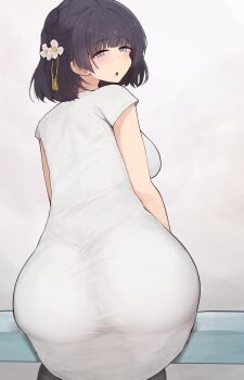 Rule 34 | 1girl, ass, black hair, blue eyes, blush, breasts, dress, gakuen idolmaster, hataya misuzu, huge ass, huge breasts, idolmaster, looking back, nakata gorori, open mouth, short hair, solo, white dress