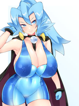 1girl arm_behind_head armpits blue_eyes blue_hair bodysuit breasts clair_(pokemon) cleavage covered_erect_nipples covered_navel hisui_(stapspats) large_breasts legs nintendo pokemon pokemon_hgss see-through_clothes smile thighs