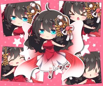 &gt;_&lt; 1girl :d ^_^ bare_arms bare_shoulders black_hair black_sandals blue_eyes blush breasts brown_eyes chibi closed_eyes closed_mouth commentary_request commission dress hair_between_eyes hair_ornament highres large_breasts long_hair milkpanda multiple_views open_mouth original parted_lips red_dress sandals skeb_commission sleeveless sleeveless_dress smile solid_oval_eyes standing standing_on_one_leg thick_eyebrows very_long_hair