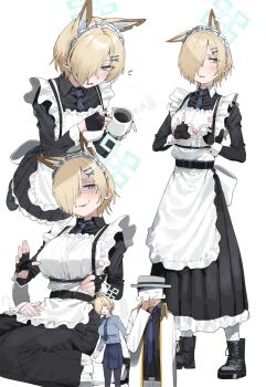 Rule 34 | 1boy, 1girl, absurdres, alternate costume, animal ear fluff, animal ears, apron, back bow, belt, black belt, black boots, black dress, black gloves, black pantyhose, black shirt, blood, blue archive, blue eyes, blue halo, blue necktie, blue shirt, blue skirt, blush, boots, bow, clenched teeth, coffee, coffee mug, cup, dog ears, dog girl, doodle sensei (blue archive), dress, extra ears, fedora, fingerless gloves, gloves, halo, hat, heart, heart hands, highres, holding, holding cup, jacket, kanna (blue archive), kanna (young) (blue archive), lonklink, looking at another, looking at viewer, looking to the side, maid, maid apron, maid headdress, mug, necktie, nervous smile, nosebleed, official alternate hairstyle, pants, pantyhose, seiza, sensei (blue archive), shaded face, sharp teeth, shirt, short hair, sitting, skirt, smile, socks, sweatdrop, teeth, white apron, white bow, white hat, white jacket, white pants, white socks