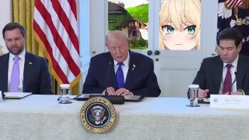 1girl 3boys animal_ears animated audible_speech blonde_hair blue_eyes blush donald_trump english_audio english_text hiding jd_vance kaneko_lumi livestream livestream_audio looking_at_viewer marco_rubio multiple_boys peekaboo phase_connect real_life smile sound tagme third-party_edit video virtual_youtuber