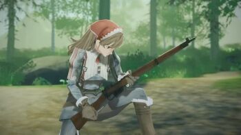 1girl 3d alicia_melchiott animated atelier_(arainydancer) bolt_action brown_eyes brown_gloves brown_hair firing forest from_side gloves gun headdress headscarf holding holding_weapon lee-enfield long_hair long_sleeves military military_uniform nature on_one_knee outdoors profile red_headscarf reloading rifle senjou_no_valkyria senjou_no_valkyria_(series) senjou_no_valkyria_1 shell_casing solo sound tagme tree twintails video weapon