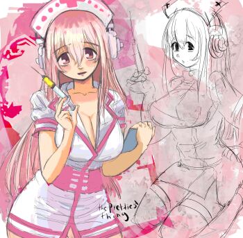 Rule 34 | 1girl, absurdres, blush stickers, breasts, cleavage, collarbone, commentary, english commentary, english text, hair between eyes, hat, hatsuno, headphones, highres, holding, holding syringe, huge breasts, long hair, looking at viewer, multiple views, nitroplus, nurse, nurse cap, open mouth, pink eyes, pink trim, sitting, super sonico, syringe, very long hair, wariza