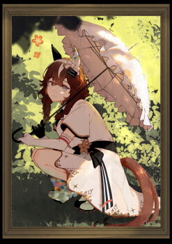 1girl animal_ears braid braided_sidelocks brown_hair closed_mouth commentary_request curren_bouquetd'or_(umamusume) dress ear_covers elbow_gloves gloves grey_eyes hair_between_eyes hairband highres holding holding_umbrella horse_ears horse_girl horse_tail long_braid long_hair looking_at_viewer low_twin_braids mismatched_ear_covers picture_frame shikahisa_totani smile solo squatting tail twin_braids umamusume umbrella white_dress white_gloves white_streaks