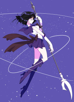 1girl absurdres back_bow bad_id bad_pixiv_id bishoujo_senshi_sailor_moon black_hair blue_background boots bow bowtie choker circlet closed_eyes earrings elbow_gloves facing_to_the_side full_body gloves high_heel_boots high_heels highres holding holding_polearm holding_weapon jewelry knee_boots miniskirt outer_senshi planet_earrings pleated_skirt pochi_(askas_is_god) polearm profile purple_boots purple_choker purple_sailor_collar purple_skirt red_bow red_bowtie sailor_collar sailor_saturn sailor_senshi sailor_senshi_uniform short_hair silence_glaive skirt solo tomoe_hotaru weapon white_gloves