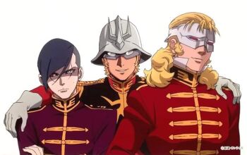 afterlife arms_around_shoulders black_hair blonde_hair char_aznable clone full_frontal gundam gundam_narrative gundam_unicorn heaven looking_at_viewer military military_uniform mobile_suit_gundam multicolored_eyes narrative_gundam official_art scar smile visor zoltan_akkanen
