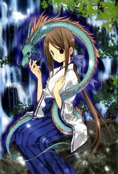 00s 1girl aquarian_age artbook blue_hakama bow dragon female_focus glasses hair_bow hakama hakama_skirt highres japanese_clothes nanase_aoi nature outdoors serpent seven_colors_of_the_wind skirt solo