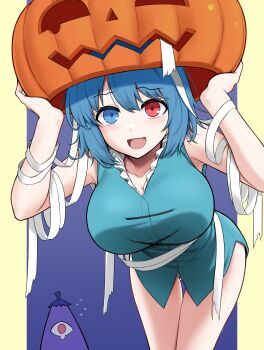 1girl :d baketsuya bandages blue_background blue_eyes blue_hair blue_shirt breasts commentary_request flying_sweatdrops halloween heterochromia highres holding holding_pumpkin jack-o&#039;-lantern large_breasts leaning_forward looking_at_viewer no_pants open_mouth panties pumpkin purple_umbrella red_eyes shirt short_hair sleeveless sleeveless_shirt smile solo tatara_kogasa tearing_up touhou umbrella underwear white_panties
