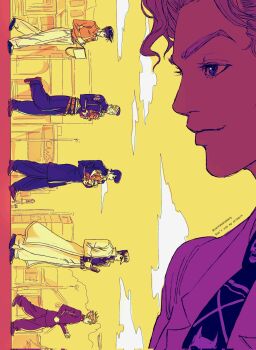 1girl 6+boys arnold_(jojo) baby_carry blue_gakuran blue_pants blue_shirt book carrying cloud coat commentary corrupted_twitter_file diamond_wa_kudakenai gakuran green_gakuran green_pants hashtag-only_commentary hat higashikata_josuke highres hirose_koichi holding holding_book holding_sketchbook jojo_no_kimyou_na_bouken kira_yoshikage kishibe_rohan kuujou_joutarou limited_palette multiple_boys nijimura_okuyasu open_clothes open_coat pants peaked_cap pompadour santamanymany school_uniform shirt shizuka_joestar sketchbook skull_print stand_(jojo) stray_cat_(jojo) sugimoto_reimi sunglasses twitter_username white_coat white_pants