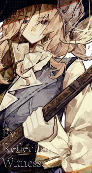 Rule 34 | 1girl, 30000000000, black hat, blue vest, commentary request, english text, grey eyes, grey hair, gun, hair ornament, hand up, hat, highres, holding, holding gun, holding weapon, long hair, looking at viewer, official alternate costume, reverse:1999, rifle, sentinel (reverse:1999), shirt, solo, upper body, vest, weapon, white background, white shirt