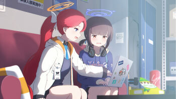 2girls :d aged_up alternate_costume alternate_hairstyle black_hair black_skirt blue_archive blue_halo blue_hoodie blue_necktie blunt_bangs blurry blush bow brown_eyes character_print character_sticker collared_shirt commentary computer couch depth_of_field downturned_eyes feet_out_of_frame forehead hair_bow halo hamachikichiki headphones headphones_around_neck highres hood hood_down hoodie id_card indoors jacket laptop long_hair millennium_science_school_logo miniskirt multiple_girls necktie neru_(blue_archive) noa_(blue_archive) on_couch open_clothes open_jacket open_mouth orange_halo parted_bangs pleated_skirt ponytail profile purple_eyes school_uniform shirt sidelocks sitting skirt sleeves_past_wrists smile sticker very_long_hair wavy_mouth white_bow white_jacket white_shirt yuzu_(blue_archive)