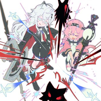 &gt;_&lt; animal_ears arknights black_boots black_gloves black_hairband black_jacket black_skirt boots cat_ears from_above full_body gloves goldenglow_(arknights) gradient_necktie hair_between_eyes hair_ornament hairband hairclip hand_on_own_hip highres holding holding_staff holding_weapon jacket lappland_(arknights) lappland_the_decadenza_(arknights) lightning_bolt_print long_hair long_sleeves looking_at_viewer necktie pink_hair pink_jacket scar scar_across_eye scar_on_face shirt skirt smile staff standing standing_on_one_leg tongue tongue_out two-tone_necktie weapon white_background white_hair white_shirt wolf_ears wolf_girl zhouer_de_wushui