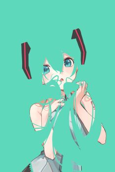 1girl :o aqua_eyes aqua_hair aqua_necktie arm_tattoo black_skirt blending commentary grey_shirt hands_up hatsune_miku highres holding holding_own_hair inubangarou long_hair looking_at_viewer necktie shirt skirt sleeveless sleeveless_shirt solo standing symbol-only_commentary tattoo upper_body very_long_hair vocaloid