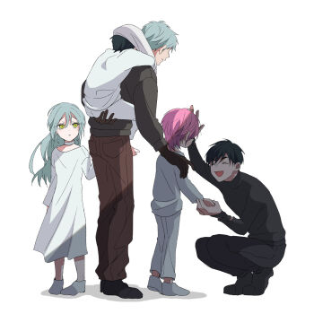 alien_stage black_gloves black_jacket black_pants black_shirt black_shoes brown_pants carrying choker commentary dress gloves grey_hair hand_on_another&#039;s_shoulder highres holding_hands ivan_(alien_stage) jacket long_hair pants piggyback pink_hair sazare_(sazozo0) shirt shoes short_hair symbol-only_commentary till_(alien_stage) white_choker white_dress white_hood white_pants white_shirt white_shoes yellow_eyes