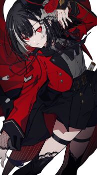 1boy absurdres arm_at_side arm_up armor ascot belt belt_buckle black_ascot black_belt black_boots black_hair black_hat black_shorts bob_cut boots buckle collared_shirt commentary eyeshadow flower grey_shirt hair_between_eyes hat highres jacket japanese_armor kyogoku_masamune lace lace-trimmed_thighhighs lace_trim lapels long_sleeves looking_at_viewer makeup male_focus multicolored_hair nail_polish notched_lapels open_clothes open_jacket parted_lips rakanama red_eyes red_eyeshadow red_flower red_jacket red_nails red_rose rose shirt short_hair shorts shoulder_armor simple_background single_sode sode solo streaked_hair tassel thigh_boots thigh_strap thighhighs touken_ranbu trap two-tone_hair white_background white_hair wing_collar