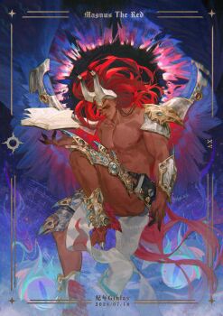 1boy absurdres animal_skull ankle_feathers armor artist_name belt bird_skull bird_skull_ornament blue_eyes blue_wings blurry book chaos_(warhammer) character_name closed_mouth colored_extremities colored_skin commentary crown_of_the_crimson_king dated demon_primarch depth_of_field disembodied_eye english_commentary engraved engraved_armor feathered_wings foil ginias gold_border halo_effect highres horn_ornament horn_ring horns long_hair magnus_the_red male_focus monster multicolored_wings nipples pelvic_curtain power_armor primarch purple_wings red_hair red_skin roman_numeral signature solo star_(symbol) sun_symbol thousand_sons two-toed_feet two-tone_wings tzeentch warhammer_40k wing_armor wings