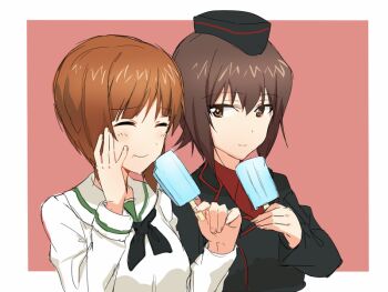 2girls ashiwara_yuu black_jacket black_neckerchief brown_eyes brown_hair closed_eyes commentary_request eating food garrison_cap girls_und_panzer hand_on_own_face hat ice_cream jacket kuromorimine_military_uniform looking_to_the_side multiple_girls neckerchief nishizumi_maho nishizumi_miho ooarai_school_uniform sailor_collar school_uniform shirt short_hair siblings sisters smile upper_body white_shirt