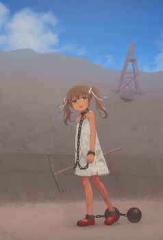 1girl :d ball_and_chain_restraint bare_shoulders bdsm blue_sky bondage bound bow brown_eyes brown_hair chain cloud collar commentary_request commission cuffs dirty dirty_clothes dress female_focus full_body hair_bow hair_ornament hair_ribbon handcuffs hill holding holding_pickaxe linked_collar lock loli looking_at_viewer mary_janes no_socks omodaka_(nitera1041) open_mouth original outdoors padlock pickaxe rags red_shoes ribbon shackles shoes skeb_commission sky slave sleeveless sleeveless_dress smile solo standing sundress sweat torn_clothes torn_dress twintails walking white_bow white_dress white_ribbon