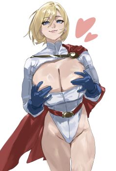 1girl absurdres animification belt blonde_hair blue_eyes blue_gloves breasts cape cleavage cleavage_cutout clothing_cutout commentary_request dc_comics gloves highleg highleg_leotard highres large_breasts leotard long_sleeves looking_at_viewer power_girl power_girl_(1976_costume) red_belt red_cape short_hair sleeved_leotard smile solo superhero_costume taiyang_yu thighs white_leotard